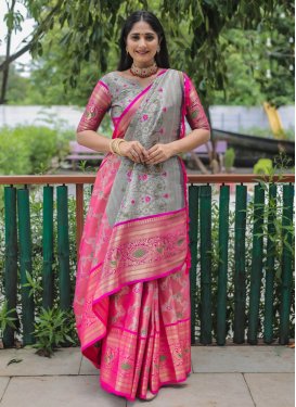 Kanjivaram Silk Grey and Rose Pink Traditional Designer Saree For Ceremonial