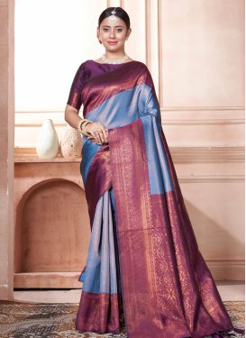 Kanjivaram Silk Light Blue and Purple Trendy Classic Saree