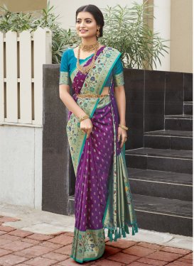 Kanjivaram Silk Light Blue and Purple Woven Work Designer Contemporary Saree