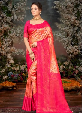 Kanjivaram Silk Orange and Rose Pink Trendy Classic Saree For Ceremonial