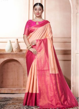 Kanjivaram Silk Peach and Rose Pink Traditional Designer Saree For Festival