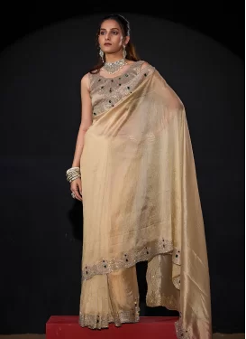 Kanjivaram Silk Swarovski Work Classic Saree in Beige
