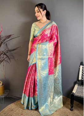 Kanjivaram Silk Traditional Saree in Light Blue and Rose Pink with Woven Work for Festival