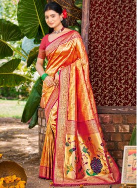 Kanjivaram Silk Traditional Saree in Orange and Rose Pink with Woven Work for Women