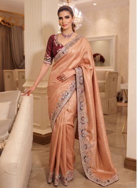 Kanjivaram Silk Traditional Saree in Peach with Embroidered Work for Women
