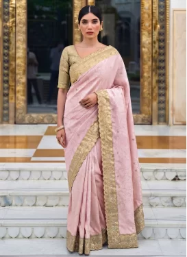 Kanjivaram Silk Traditional Saree with Embroidered Work for Ceremonial in Cream and Pink
