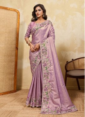 Kanjivaram Silk Traditional Saree with Embroidered Work for Ceremonial in Lavender