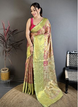 Kanjivaram Silk Traditional Saree with Woven Work for Festival in Mint Green and Salmon