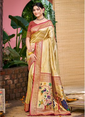 Kanjivaram Silk Traditional Saree with Woven Work for Women in Beige and Red