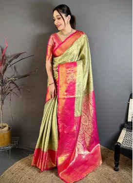 Kanjivaram Silk Traditional Saree with Woven Work for Women in Mint Green and Rose Pink