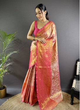Kanjivaram Silk Traditional Saree with Woven Work for Women in Rose Pink