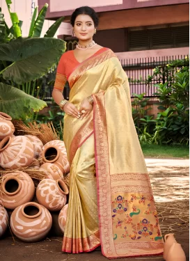 Kanjivaram Silk Traditional Saree with Woven Work in Cream