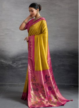 Kanjivaram Silk Traditional Saree with Woven Work in Mustard and Rose Pink