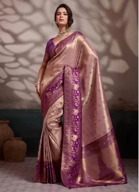 Kanjivaram Silk Trendy Saree with Woven Work for Ceremonial in Purple and Salmon