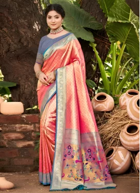 Kanjivaram Silk Trendy Saree with Woven Work for Party in Salmon