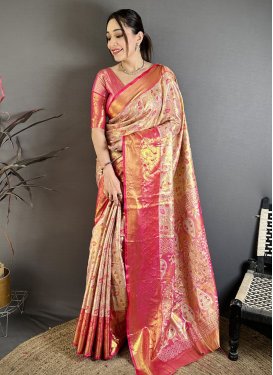 Kanjivaram Silk Trendy Saree with Woven Work in Beige and Rose Pink for Ceremonial