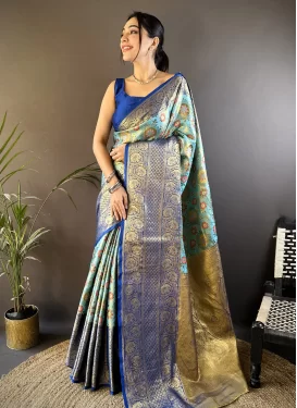 Kanjivaram Silk Trendy Saree with Woven Work in Blue and Firozi for Ceremonial