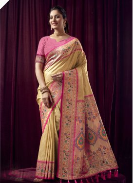 Kanjivaram Silk Woven Work Cream and Rose Pink Traditional Designer Saree
