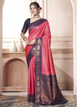 Kanjivaram Silk Woven Work Hot Pink and Navy Blue Trendy Classic Saree