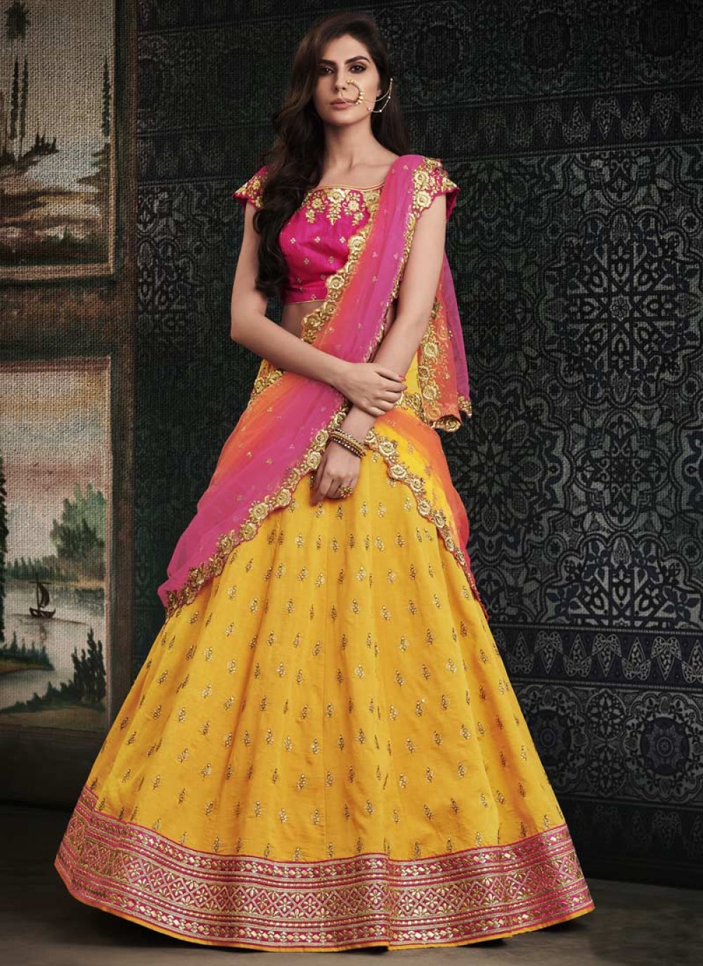 Lime-Yellow Georgette Lehenga Choli with Beautiful Embellished Zari-Sequins  Work and Pink Scalloped Soft Net Dupatta | Exotic India Art