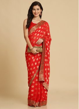 Lace Work Brasso Classic Saree in Red for Women