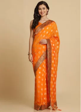 Lace Work Brasso Trendy Saree in Orange for Women