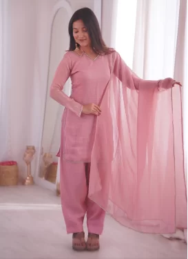 Lace Work Crunchy Silk Readymade Salwar Suit in Pink for Women