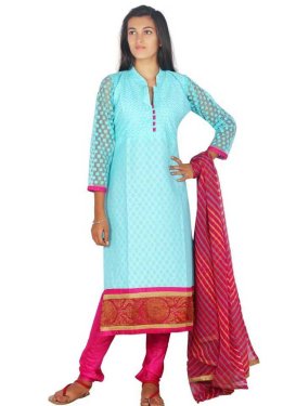 Lace Work Firozi and Rose Pink Jacquard Readymade Churidar Salwar Suit