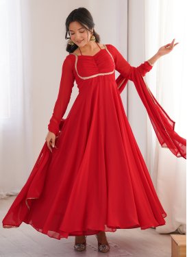 Lace Work Georgette Trendy Gown in Red for Festival