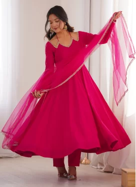 Lace Work Silk Blend Anarkali Suit in Rose Pink for Ceremonial
