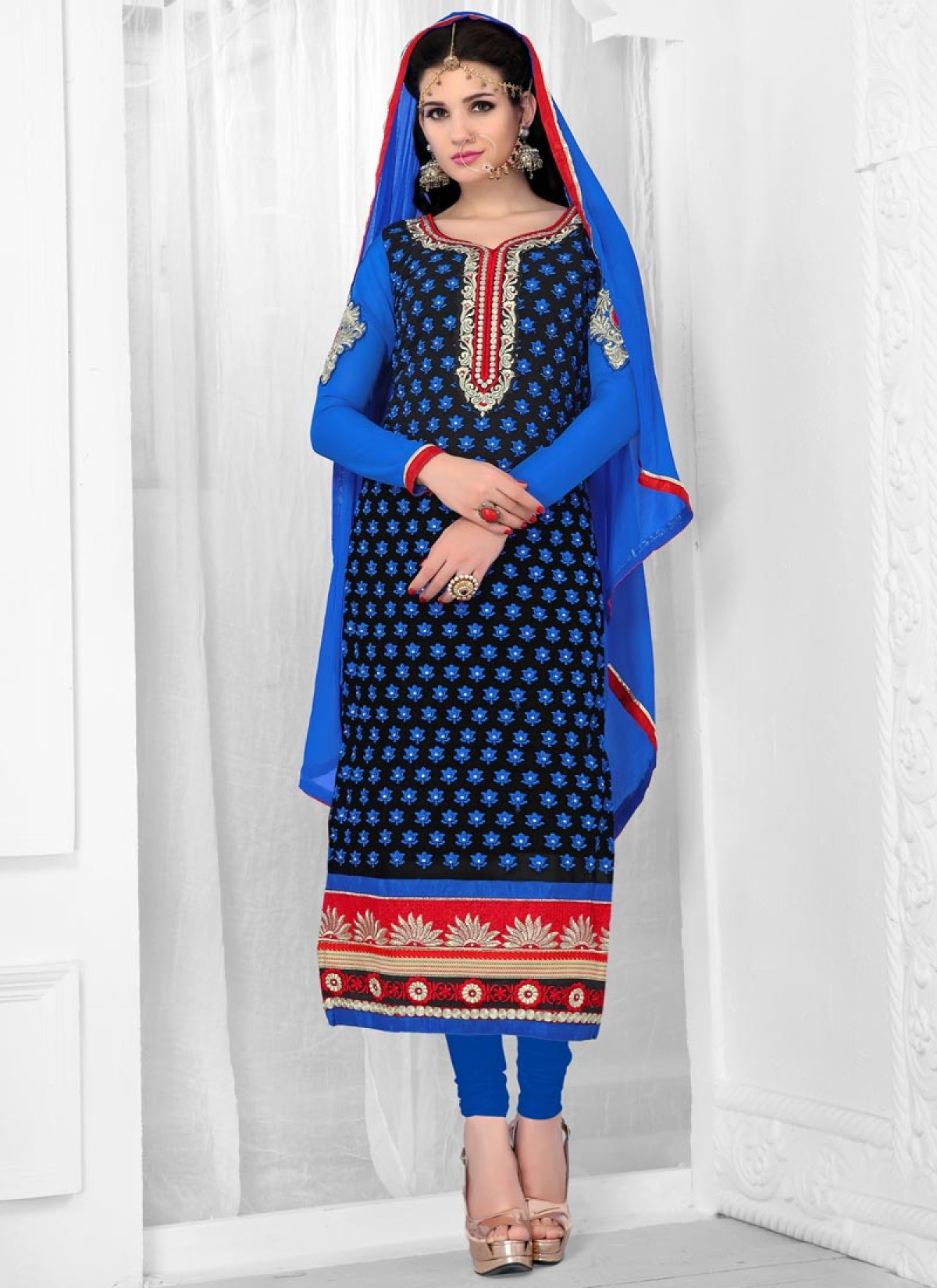 Latest Blue And Black Color Churidar Salwar Kameez