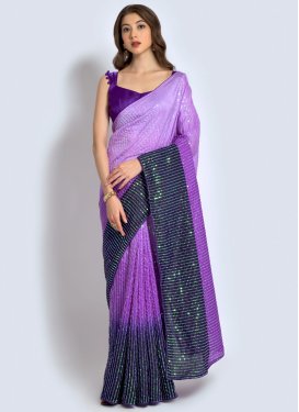 Lavender and Navy Blue Embroidered Work Designer Contemporary Style Saree