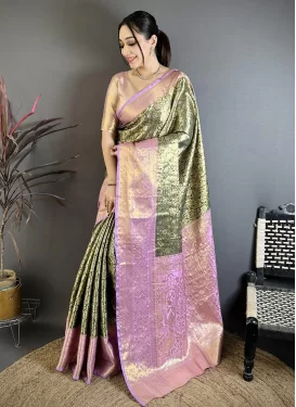 Lavender and Olive Kanjivaram Silk Woven Work Traditional Saree for Women