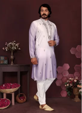 Lavender and White Cotton Silk Kurta Pajama with Embroidered Work for Festival