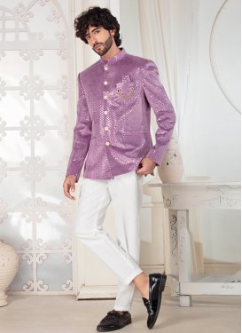 Lavender and White Rayon Fancy Work Jodhpuri Suit for Men