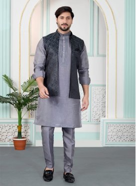 Lavender Art Silk Kurta Pajama With Jacket with Woven Work for Festival