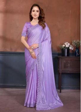 Lavender Lycra Embroidered Work Traditional Saree for Women