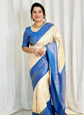 Lichi Silk Blue and Cream Trendy Classic Saree