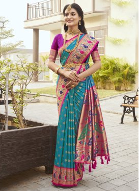 Light Blue and Magenta Paithani Silk Traditional Designer Saree