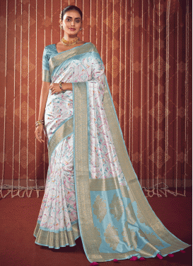 Light Blue and Multi Colour Silk Blend Designer Contemporary Style Saree