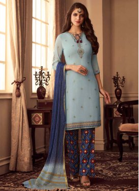 Light Blue and Navy Blue Embroidered Work Pant Style Classic Salwar Suit