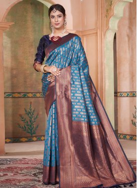 Light Blue and Navy Blue Kanjivaram Silk Trendy Classic Saree
