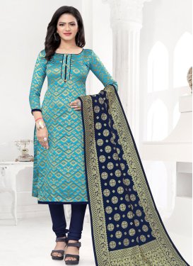Light Blue and Navy Blue Woven Work Churidar Salwar Suit