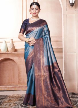 Light Blue and Navy Blue Woven Work Designer Contemporary Style Saree