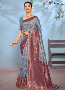 Light Blue and Navy Blue Woven Work Trendy Classic Saree
