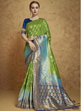 Light Blue and Olive Banarasi Silk Contemporary Style Saree