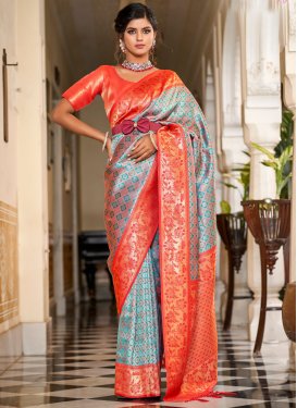 Light Blue and Orange Banarasi Silk Trendy Saree