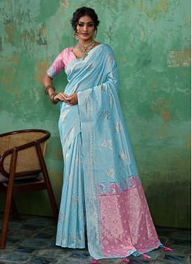 Light Blue and Pink Cotton Silk Woven Work Traditional Saree for Women