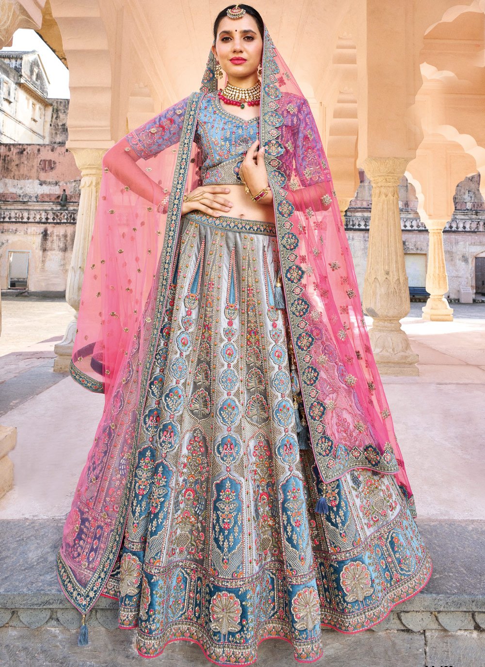 Light Blue Floral Embroidery Pleated Lehenga Set in Georgette
