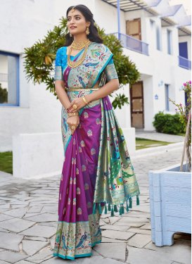 Light Blue and Purple Designer Traditional Saree For Ceremonial